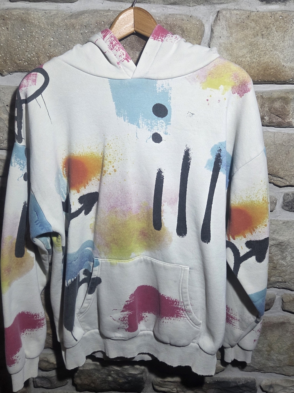 PacSun Graffiti Paint Splatter Hoodie Mens Medium White Multi-Color Streetwear
